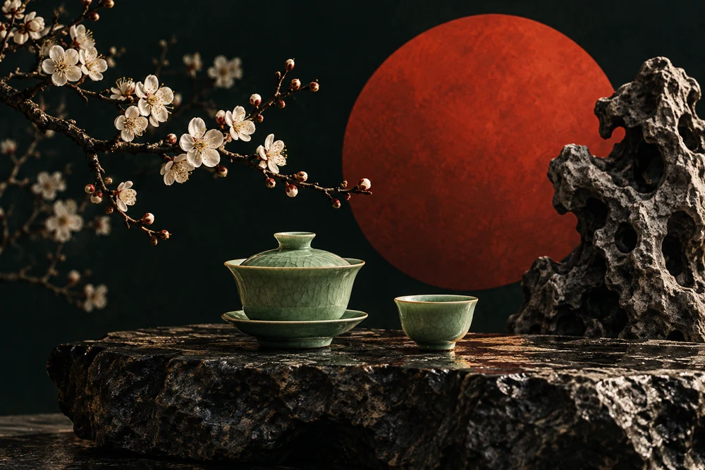 Jade tea set, plum blossoms and scholar rock